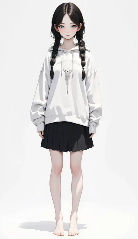 White background、    pure white background  、White background、  girl just standing  , Only Girl、  full body shot from the front,   ultra high resolution,   best quality、☠  HOODIE、  flat chest、  beautiful details 、  black hair、  French braid:1.48、  black ha...