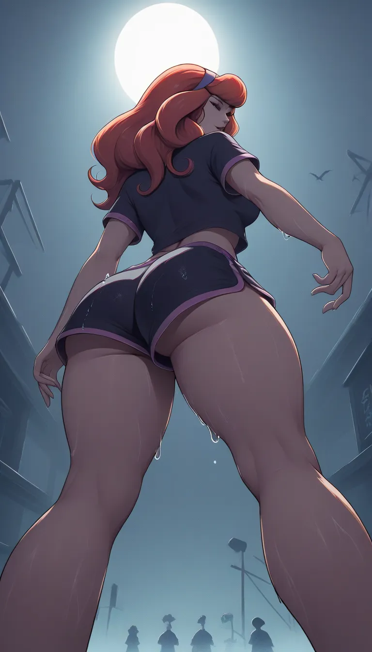 score_9, score_8_below,1 (daphne blake),  long red hair  (black top + red dolphin shorts), exposed legs , thick thighs , wet,foc...