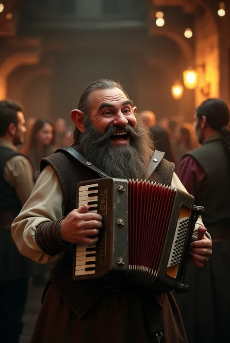 a dwarf bard like lord of the rings, playing accordion, laughing with a whimsical and joyful expression,dark medieval tavern background, with a lot of people, realistic style, (best quality,4k,8k,highres,masterpiece:1.2),ultra-detailed,(realistic,photoreal...