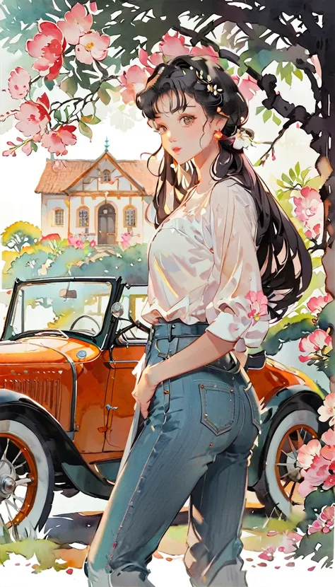 ((( paper cut style))),  1 girl, short black hair long hair , Shirt and denim, classic vintage car