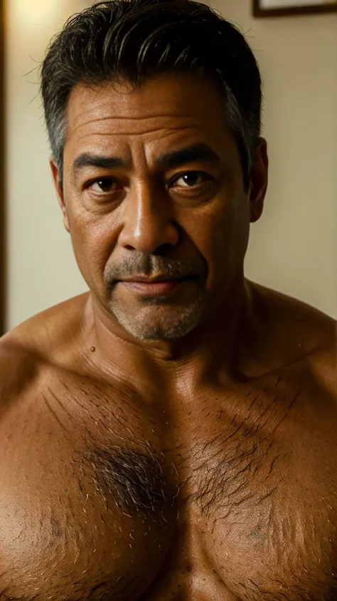 (best quality,4k,8k,highres,masterpiece:1.2),ultra-detailed,(realistic,photorealistic,photo-realistic:1.37),portrait,middle-aged man,asian,brown,chubby,muscular,60 years old,father,dadbod,shirtless,hairy chest and abs,smart professor,detailed eyes,detailed...