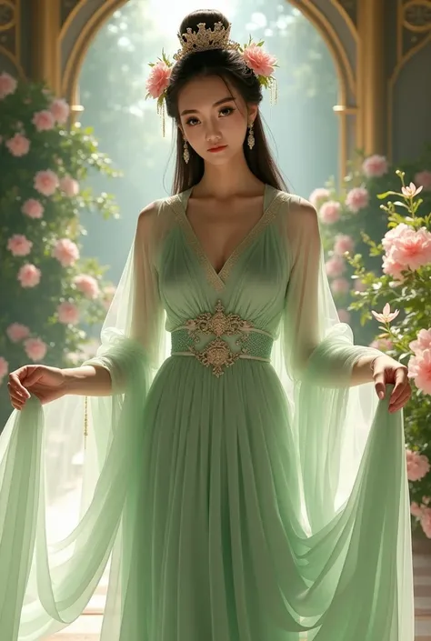 Korean princess, a woman with long straight hair, big breasts wearing a light green Chinese dress, covered with luxurious long shoulders, lots of floral hair ornaments, high hair boxing in a palace with flowers, looking at the camera, holding a long white ...