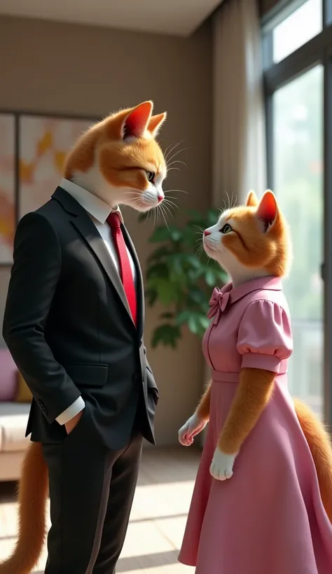 An anthropomorphic cat in a formal black suit with a red tie, and An anthropomorphic cat in a pink dress with a bow, standing  in a modern living room during their argument. Image style, Suitable Ai Cat