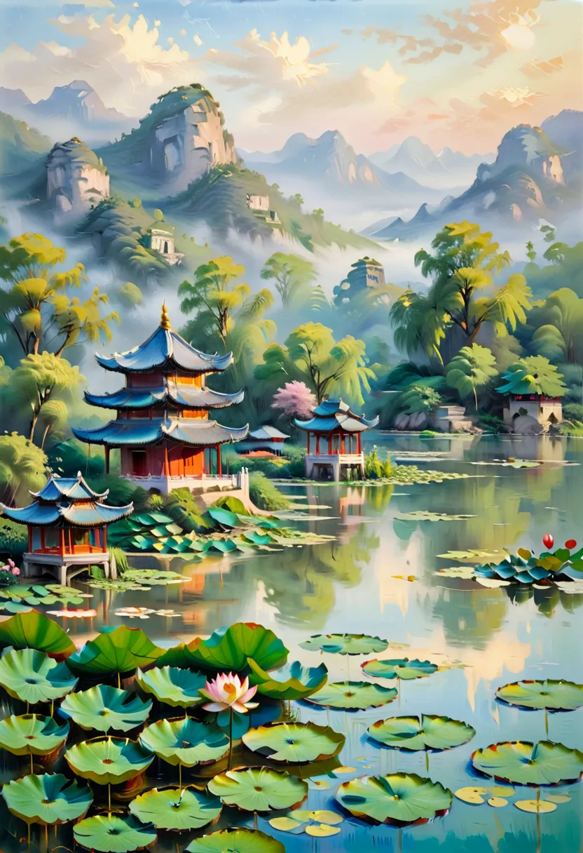 painting，hou dechang， traditional chinese landscape painting ， garden scenery in northern china ，midsummer，morning，golden hour，l...