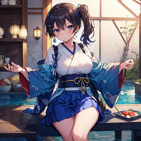 from you(Fleet Collection), best quality, masterpiece,  high definition ,kimono, blue skirt ,  side ponytail,big_breast,