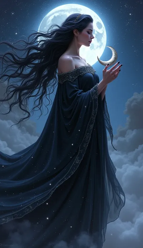 "A stunning depiction of Nyx, the Greek goddess of the night, portrayed as a majestic and ethereal figure. She is surrounded by a starry night sky, with flowing dark robes resembling the cosmos, adorned with twinkling stars. Her long, wavy black hair casca...