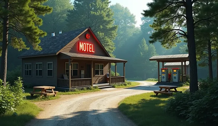 Motel in forest with fuel station 