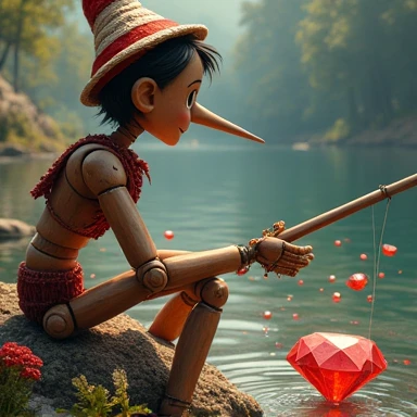 Pinocchio is sitting on the banks of a river fishing in a river of red glincerated diamonds standing next to him Snow White in a bikini and tells him something 