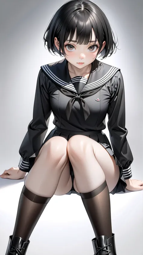 solo。 realistic drawing。High image quality。 High Quality 。 Digital Painting 。

 black hair、( pixie cut)。
 slender。Small breasts。adult。

 miniskirt。
 Black Sailor Suit 。
Black underwear。
 brown stockings。
Black Leather Boots。

Squint your eyes。Gentle droopy...