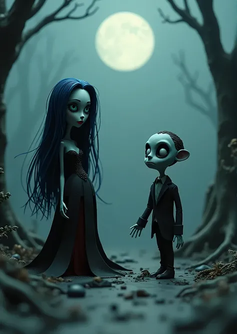  Tim Burton movie ,  Cinematic Composition, Stop Motion,  clay animation ,  long dark blue haired vampire queen and monster in suit、 viewers, Pale white little full moon 