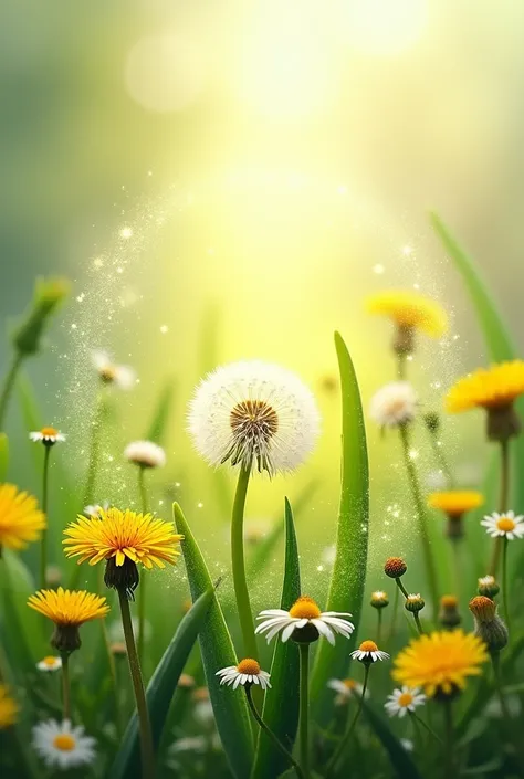 image of dandelion flowers of chamomile and green juicy leaves of aloe vera field herbs, twisted in a circle surrounded by a sparkling halo, naturalness and healthy shine on a light gentle background cosmetics 