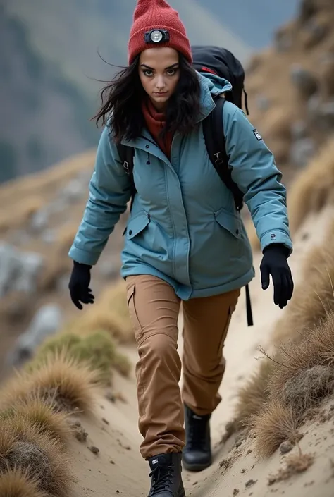 A real photo of a woman named Fika, aged 25, with shoulder-length wavy black hair and fair skin. She has a medium build, well-defined eyebrows, large black eyes, and a neutral expression. She  is  wearing a plain light bue winter jacket, brown cargo pant, ...