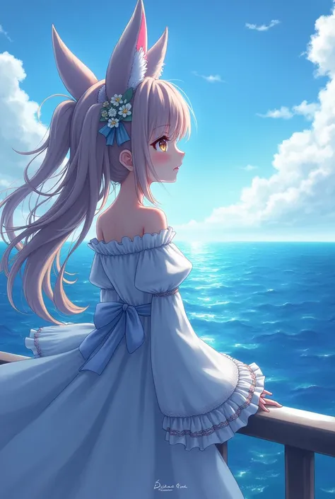 anime girl in a dress Twintails, Long Hair, Fox Ears, High Resolution, looking at the ocean