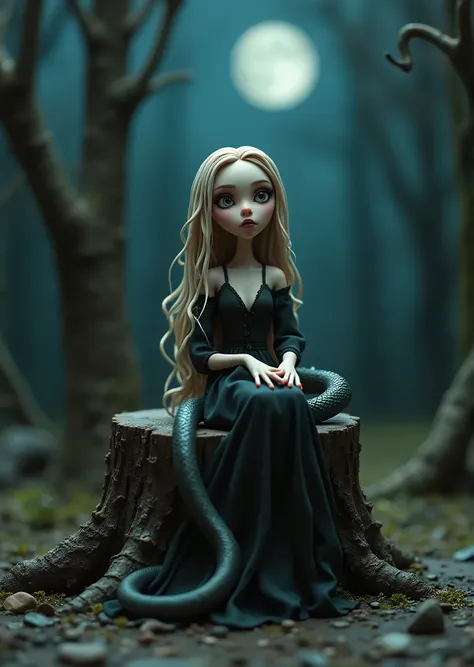  Tim Burton movie ,  Cinematic Composition, Stop Motion,  clay animation ,  a vampire queen with long silver gold hair、 sitting on a large tree stump and looking at me 、A poisonous snake hanging from one leg to one arm getting entangled , Pale white little...