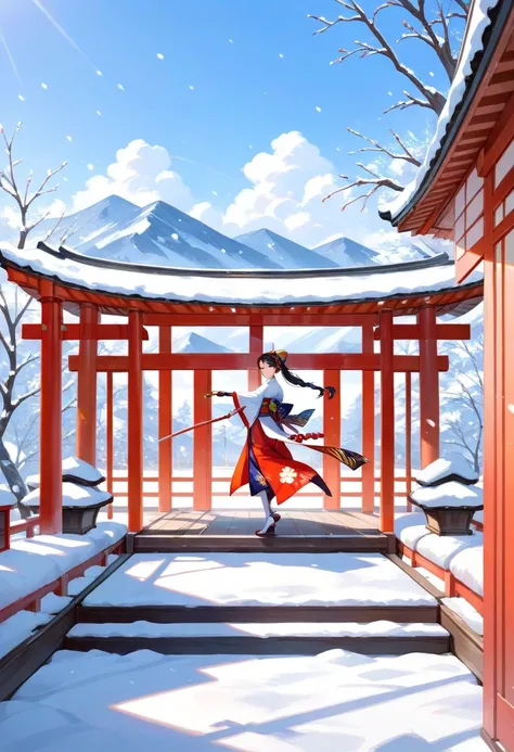 Two samurai fighting in a snowy Japanese garden