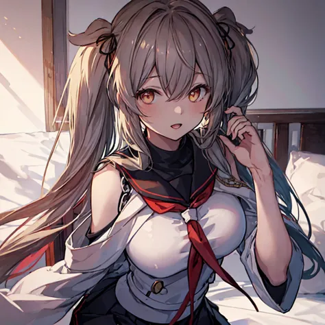  best quality, masterpiece,  high definition , Alone, (The Murasame Kai_  fleet collection:1.15), 長いhair, ライトブラウンhair,  yellow eyes,  red eyes, ribbon smile, Seraphim, hair_ribbon( black sailor suit), (White sailor collar), Chest,  twin tails, Two_side_up,...