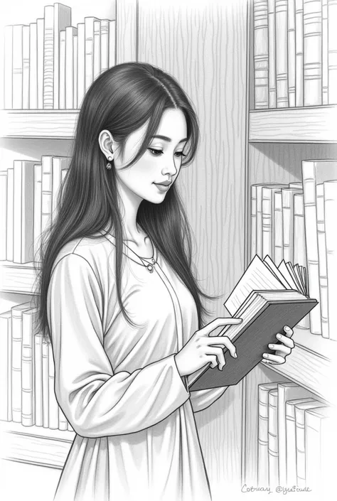 Pencil sketch of a 20 year old Burmese girl standing near a book shelf and browsing a book 