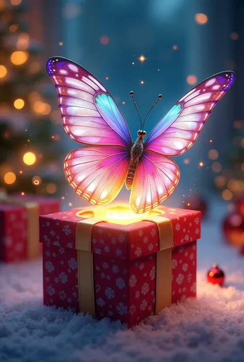  Colouring in picture with a butterfly flying out of a Christmas present
