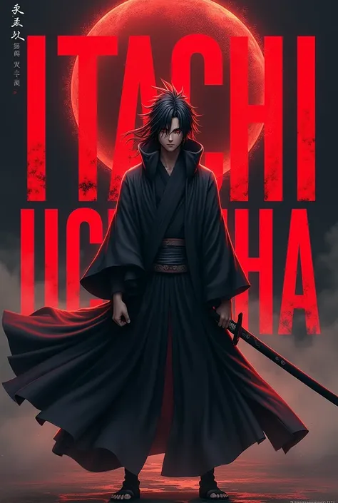 Create a image of Itachi uchiha using his red eternal mangaku sharengan with his sword, show his full body, in background Itach uchiha name in red bold letters 