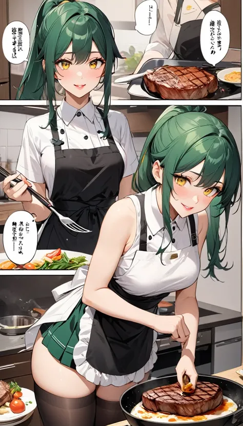 (beautiful and delicate), (immensely Delicious Cooking illustration), (cooking comic, speech bubble, frame, focus line, cooking steak, comic expression), (best sexy yellow eyes) (beautiful glossy lip), ((beautiful sexy makeup)), (sexy smile), in a Elegant ...