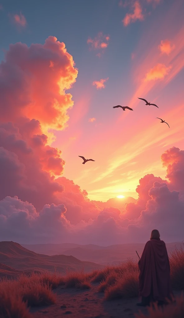 " Colorful twilight sky in the time of the Prophet Moses ,  birds flying slowly in the distance .  Wavy clouds like brush strokes create a peaceful and reflective atmosphere.  3D cinematic style rendering with natural lighting of the sunset .  Sony Alpha 7...