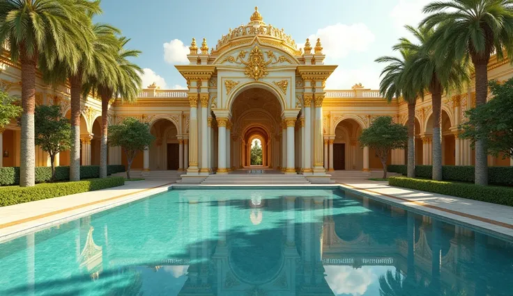 Golden palace with swimming pool with reflection 