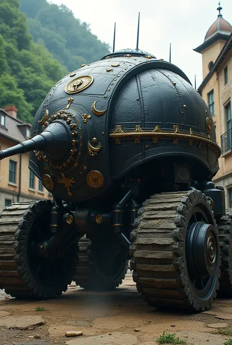 Base in vehicle, tank with wheels, big tank taller than houses, hybrid of castle and tank, caterpillar wheels, Drive wheel (drive roller, drive sprocket), black tank with gold bead, beetle shell armor, scarab beetle style, no gun. Forest background, not a ...