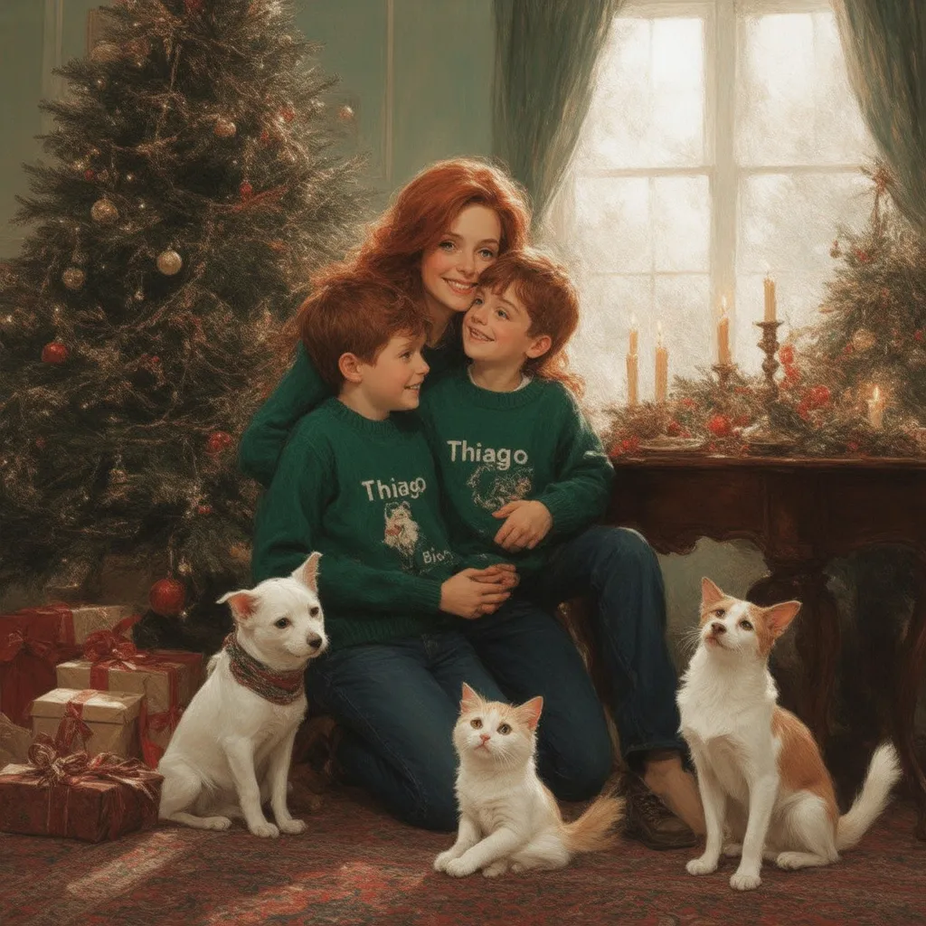 a warm and festive indoor setting, likely during the christmas season. a woman with long, wavy red hair is seated on the floor, ...