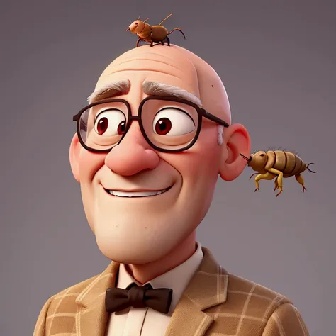 Draw a bald grandpa with a cockroach on his head