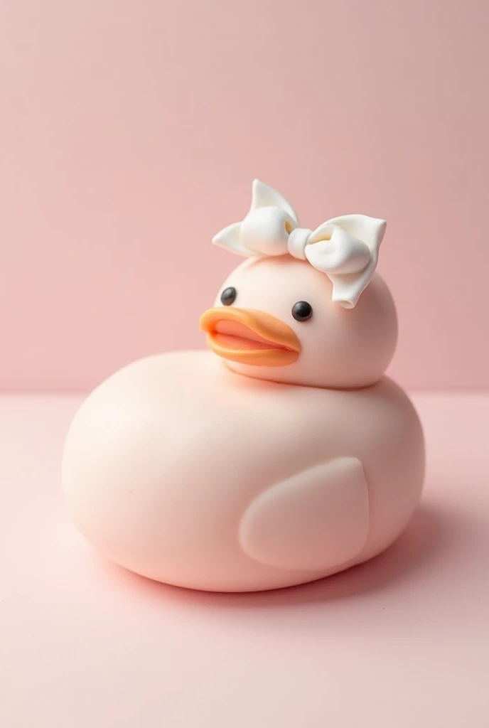 An oval flat cake in baby pink color with simple touches that makes it look like a cute duck. And white bow tie on the top corner 