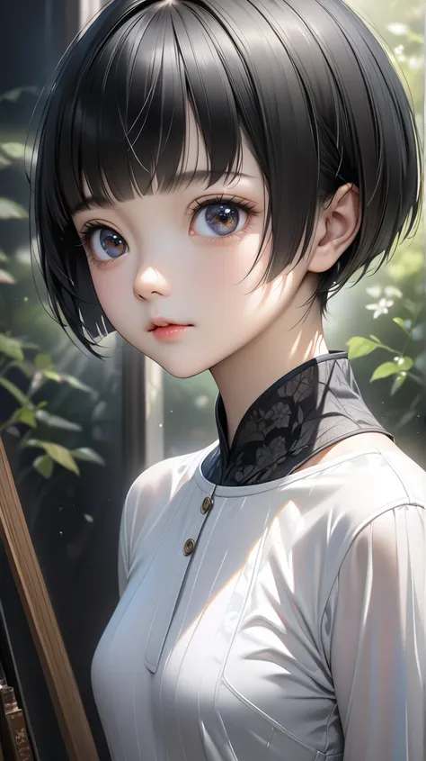 solo。 realistic drawing。High image quality。 High Quality 。 Digital Painting 。

 black hair、( pixie cut)。
 slender。Small breasts。adult。Small eyes