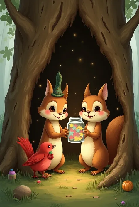 a little red bird, a light brown squirrel a. The squirrel is holding a small glass jar with many colored stars inside. The three characters find themselves inside the trunk of a tree furnished as if it were a house. A storybook illustration