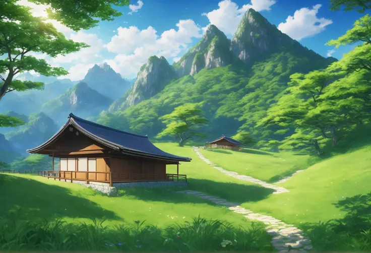 background: Beautiful Mountain々A landscape with。 white clouds float in the blue sky 。
prospect:  A mountain hut is placed in the center 、Green trees around々is overgrown。
Movement: 鳥の群れが空を飛んでいる様子を描写。 grass and leaves swaying in the wind are also expressed 。...