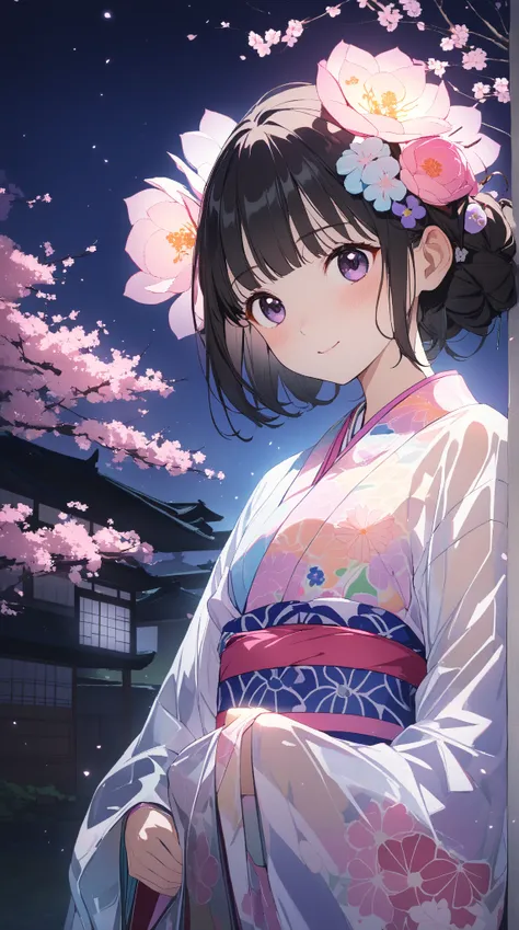 1 girl, ( cute face),  Medium Hair , to many hairstyle,  colorful kimono , Gorgeous obi, Hair ornament flower,  transparent coat,  Pottery skin ,  small breasts, break, In the moonlight, (Mysterious Light:1.3),  Serene Atmosphere , break, Beautiful gardens...