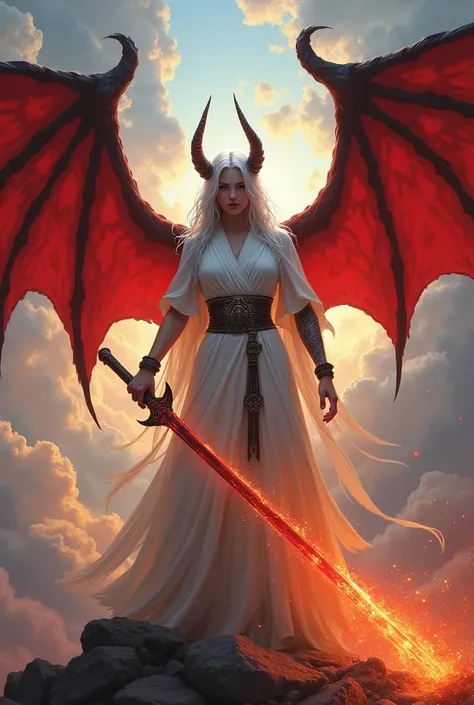 Fantastic sky。Hair is white。The devil dressed in white。Has a flaming sword。 Red Wings from the Back。Tattoo on arm。 cool images with beautiful image quality