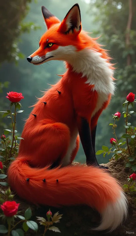 A fox and rose hybrid would be a captivating blend of both beauty and danger. Imagine a creature with the lithe, agile body of a fox, sleek and swift, its fur a deep, rich crimson, resembling the color of a rose in full bloom. The tail is long, bushy, and ...