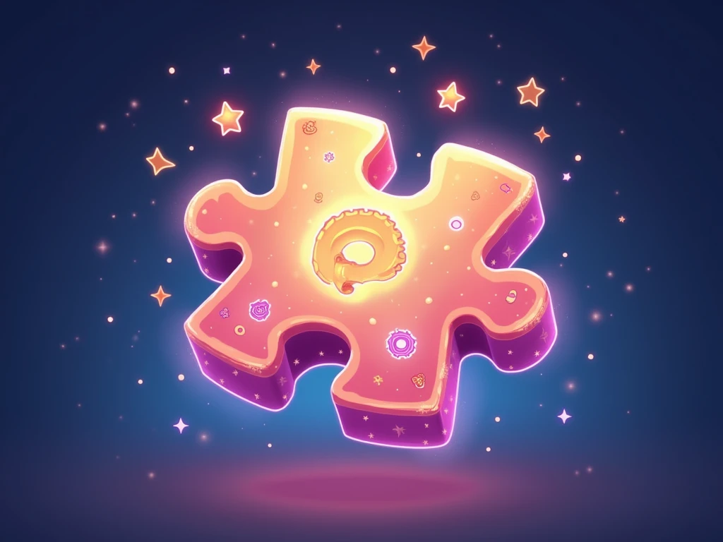 Create a cartoon-style icon for Start Making Puzzles. The icon should feature an enchanting puzzle piece, with magical elements incorporated. The puzzle piece should be glowing with soft light, filled with whimsical symbols like stars, moons, or magical ru...