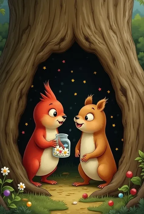 a little red bird, a light brown squirrel. The squirrel is holding a small glass jar with many colored stars inside. They find themselves inside the trunk of a tree furnished as if it were a house. A storybook illustration