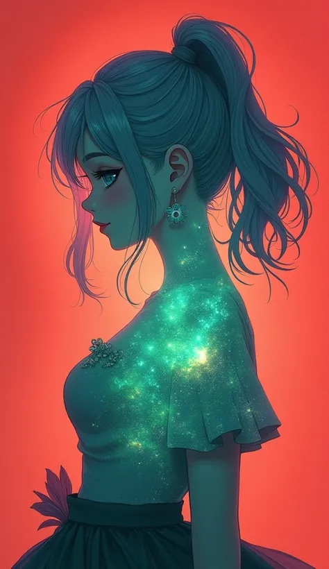  Beautiful Anime Artwork、 Big Breasts 、Gray Hair、 cute anime girl silhouette、 Double Exposure 、 emerald green nebula galaxy 、 red background 、Brilliant strong brilliance、Bloom、2.5D、Artistic、Face is front、One hand is a gesture of touching hair 、The backgrou...