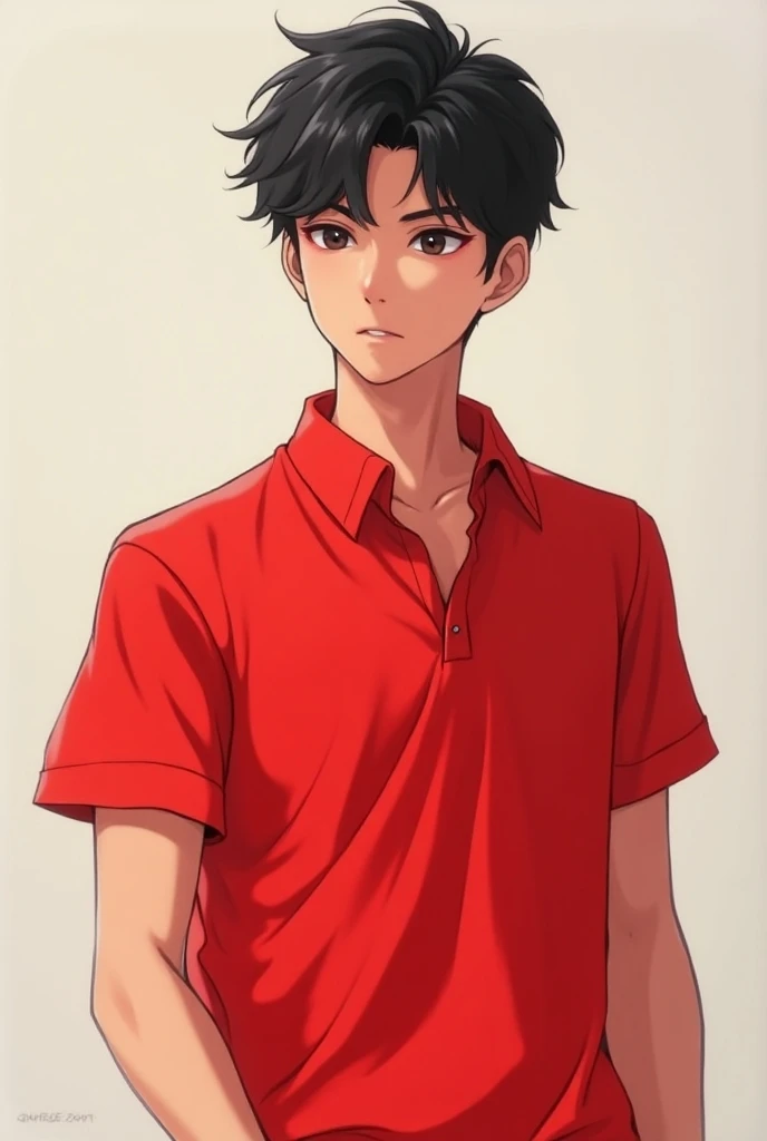 A white young guy with red sport shirt. he look like japanese boy band