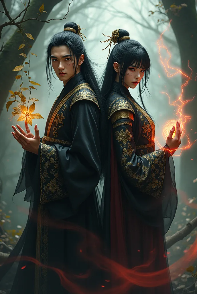 A handsome young man with Chinese features wears black-and-gold traditional robes, with long black hair and piercing black-and-yellow eyes. He controls vines and leaves with his magic. His companion has black-and-white streaked hair, red eyes, a lightning tattoo on his right cheek, and wears black-and-red robes. Red smoke swirls around him as part of his power. Both stand in a misty, shadowed forest, exuding mystery and majesty.