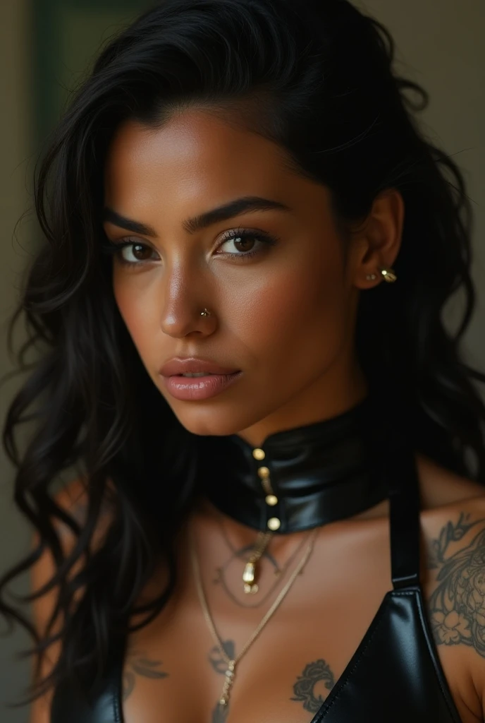  Brazilian woman , Young, not, Mohican, piercing de septo, facial tattoos, Dimples, thick belt around the neck, Bratty expression , shiny latex bodysuit, close-up, Ultra HD, retina, masterpiece, Necessary,  Anatomically correct ,  textured skin ,  Super de...