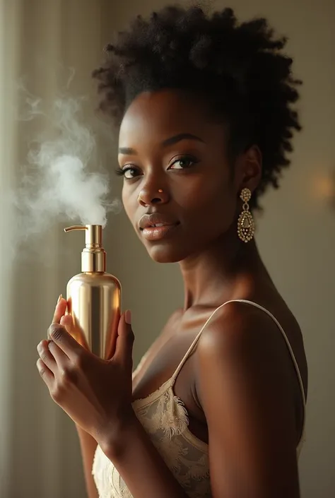 A beautiful black woman wearing feminine perfume holding a body hydrant 
