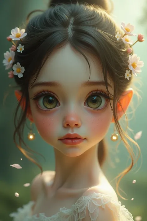 Create a realistic girl with bambi eyes fairy skin big nose , oval face thin lips