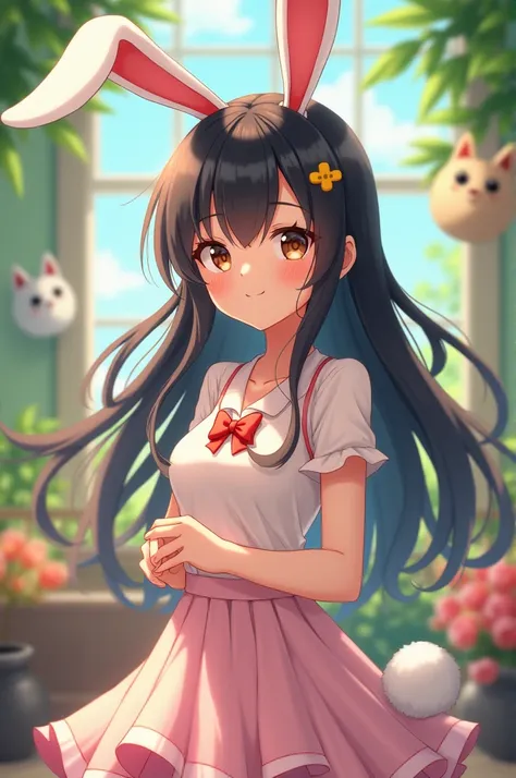 Anime cute loli bunny ear 22 year old girl height 54 black long hair brown eyes with cat ear human friends 