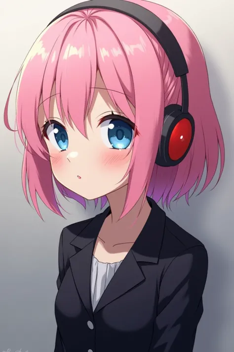 A Anime girl hear audio which has pink hear,Blue eye,black jacket 