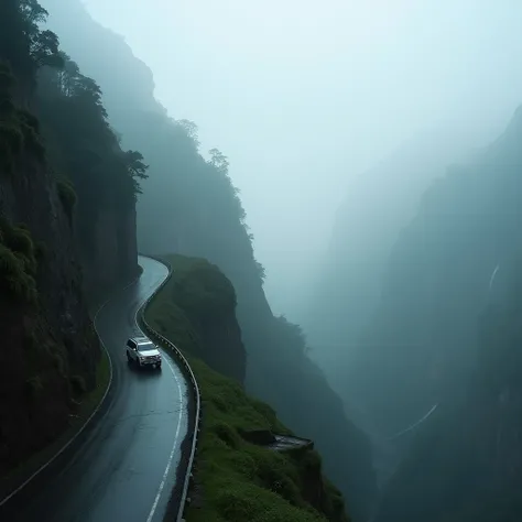  A narrow and dangerous road that winds through a mountain covered in fog,  with a precipice of more than 600 meters to one side . The road is wet with rain ,  and a small vehicle moves carefully . in the distance,  the mountains vanish into the clouds ,  ...