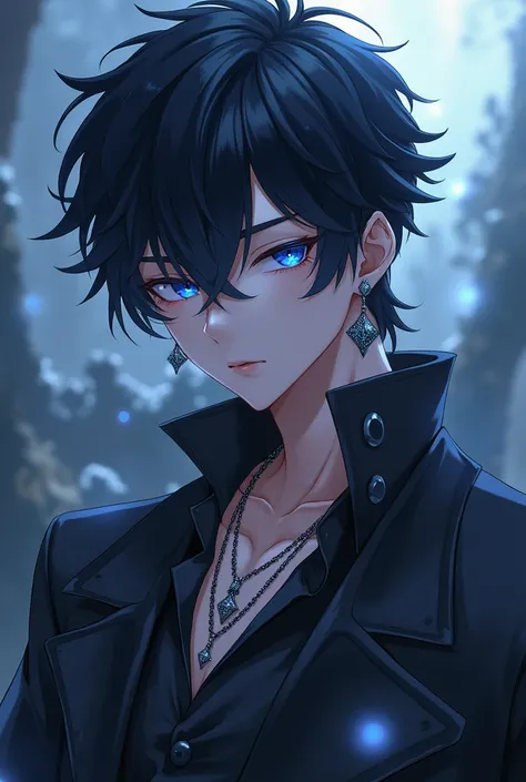 anime man black hair Cube earrings Blue eyes