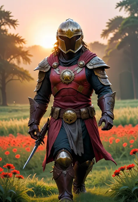 image of a spartan warrior standing in a field of wildflowers at sunset. The warrior, silhouetted against the glowing sun, appears to be wearing a helmet with a crest, . The sun is positioned directly behind the head, creating a halo-like effect. Birds fly...