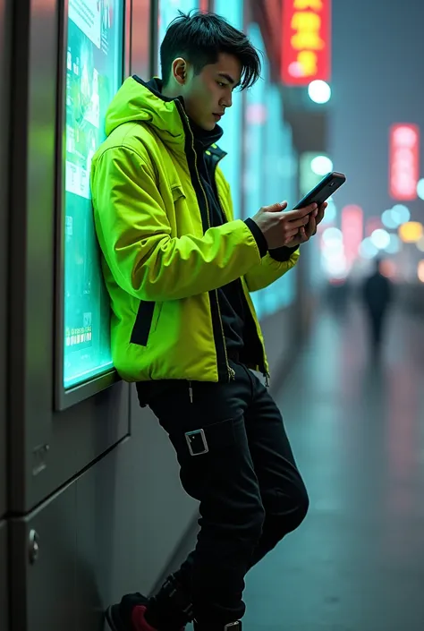 Man with short disheveled hair, futuristic neon green jacket, black pants, buckled boots, futuristic tablet in hand, leaning against the wall using the tablet. 